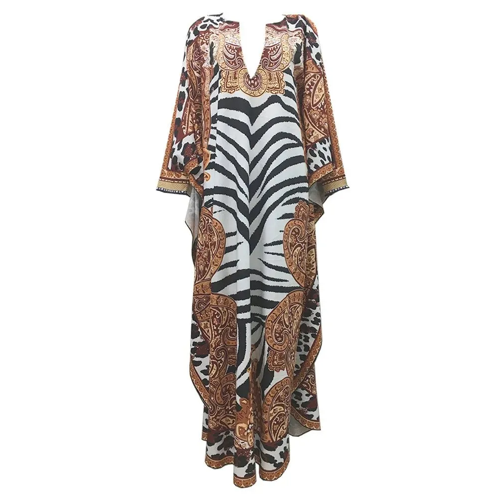 African Dresses for Women Plus Size Zebra Printed Dashiki Elegant Ladies Gown Abaya Kaftan Bat Sleeve V-neck Robes