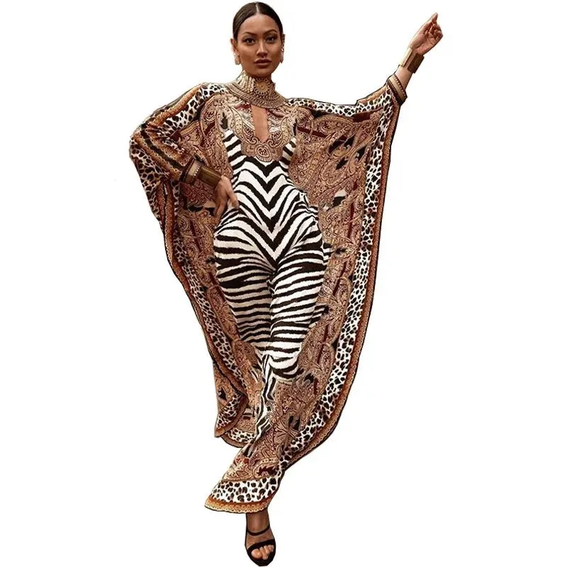 African Dresses for Women Plus Size Zebra Printed Dashiki Elegant Ladies Gown Abaya Kaftan Bat Sleeve V-neck Robes