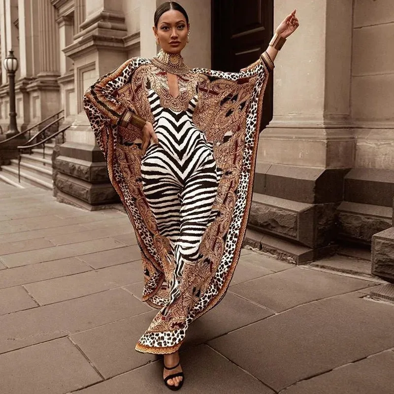 African Dresses for Women Plus Size Zebra Printed Dashiki Elegant Ladies Gown Abaya Kaftan Bat Sleeve V-neck Robes