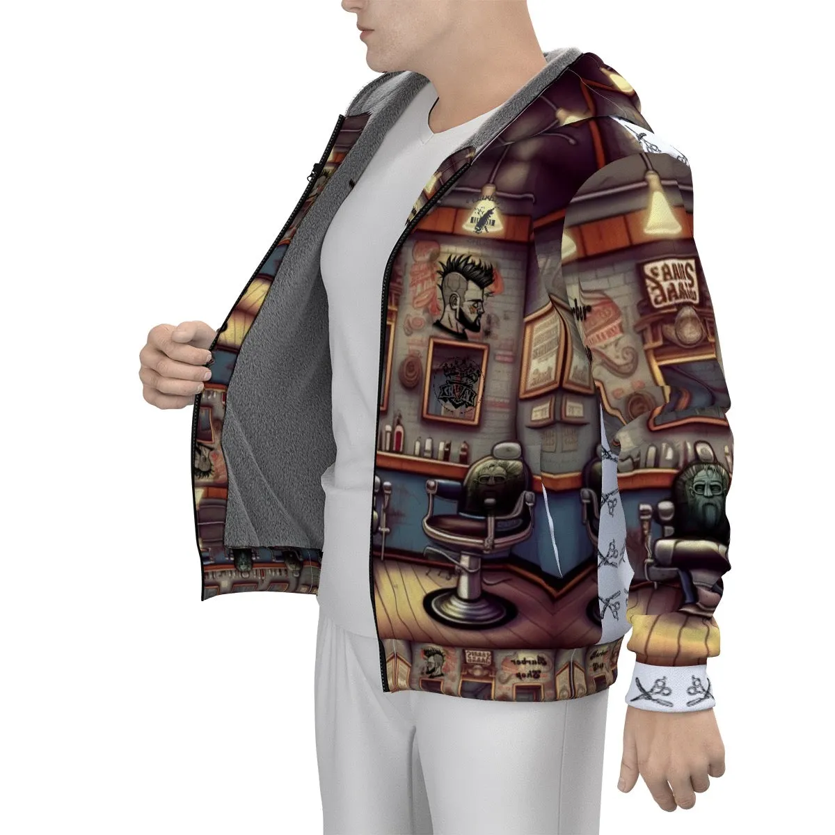 All-Over Print Men's Sherpa Fleece Zip Up Hoodie barber shop themed print 30