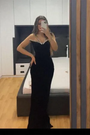 Amazing Long Black Sleeveless Mermaid Velvet Prom Dress With Crystal