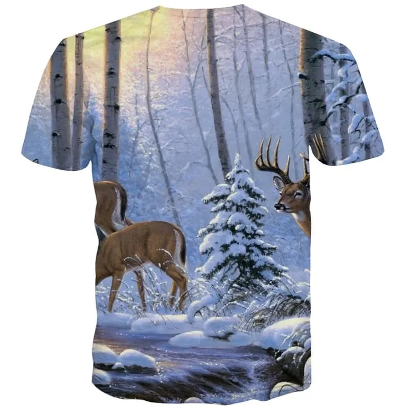 Animal T-shirt Men Deer T-shirts 3d Snow Tshirt Anime Forest T-shirts Graphic