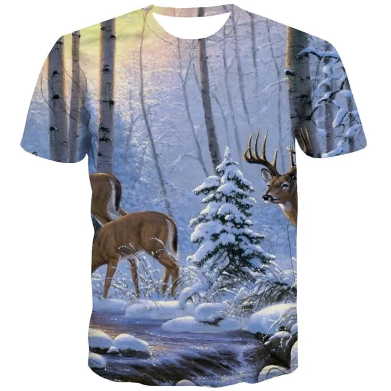 Animal T-shirt Men Deer T-shirts 3d Snow Tshirt Anime Forest T-shirts Graphic