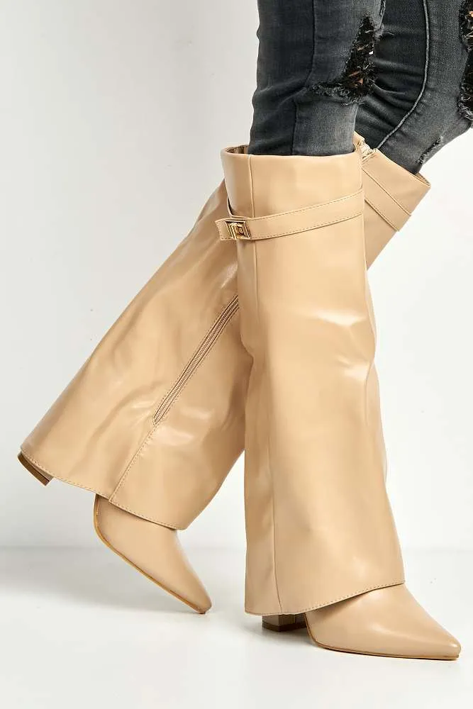 Ayla Block Heel Pointy Toe Gold Trim Buckle Collar Covered Knee-High Boots in Nude