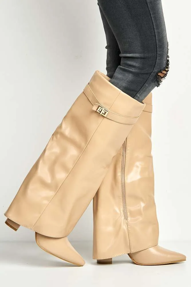 Ayla Block Heel Pointy Toe Gold Trim Buckle Collar Covered Knee-High Boots in Nude