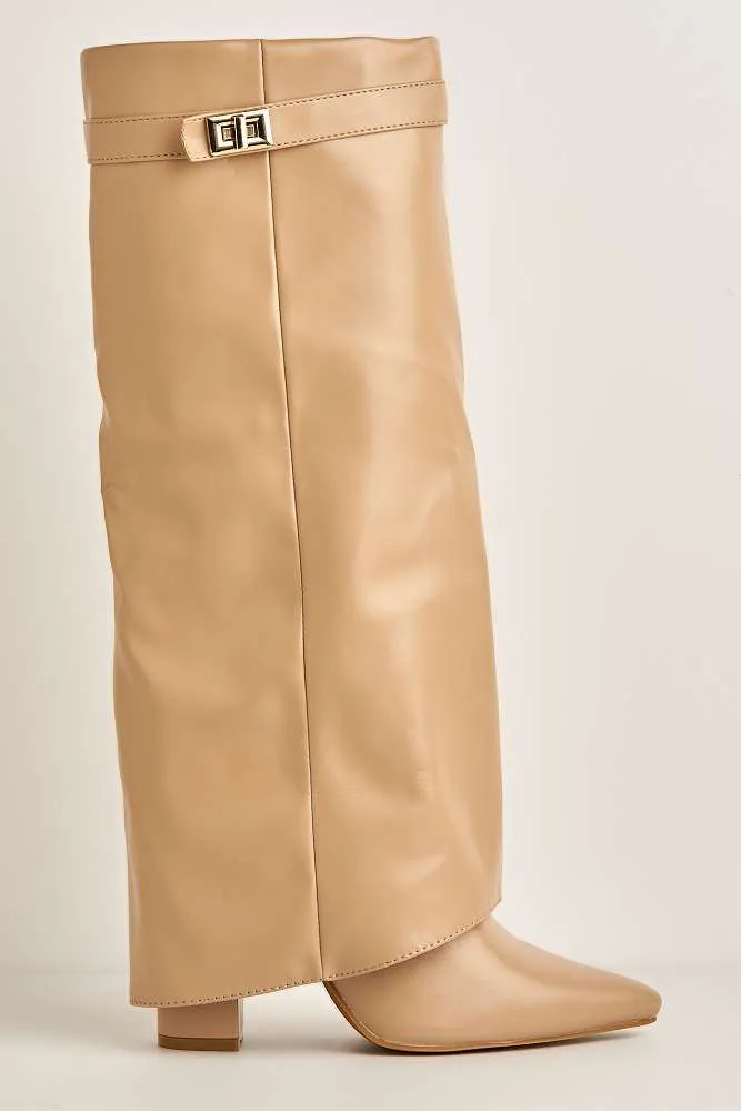 Ayla Block Heel Pointy Toe Gold Trim Buckle Collar Covered Knee-High Boots in Nude