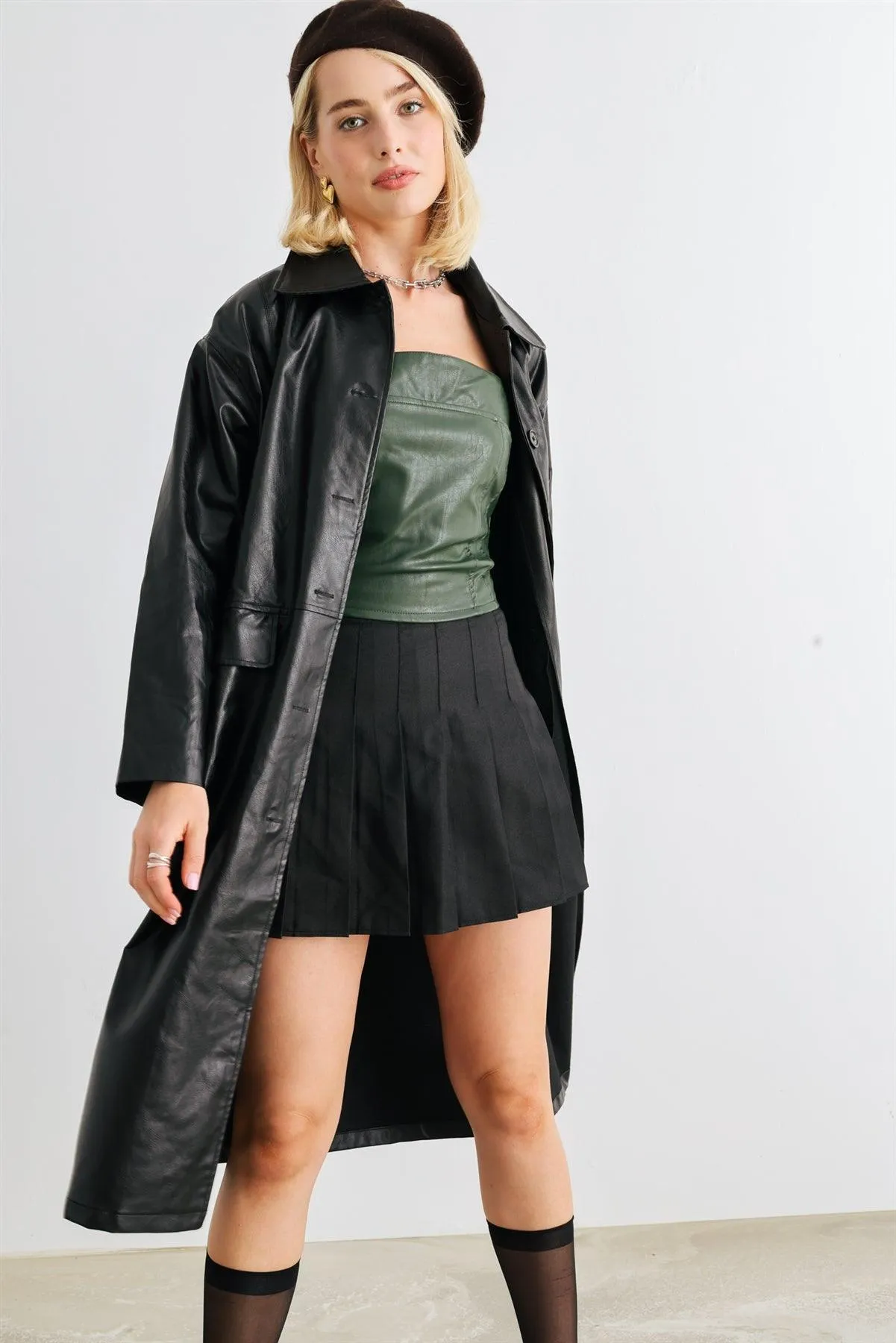 Black Faux Leather Button-Up Two Pocket Coat /1-2-2-1