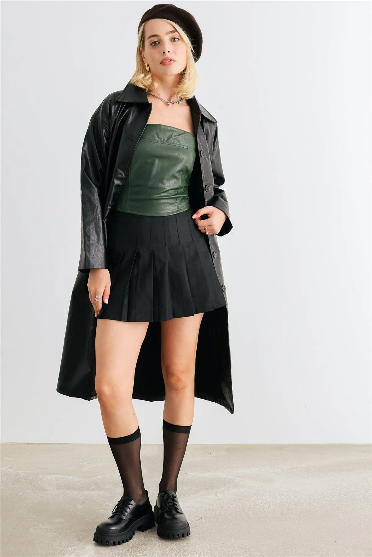 Black Faux Leather Button-Up Two Pocket Coat /1-2-2-1