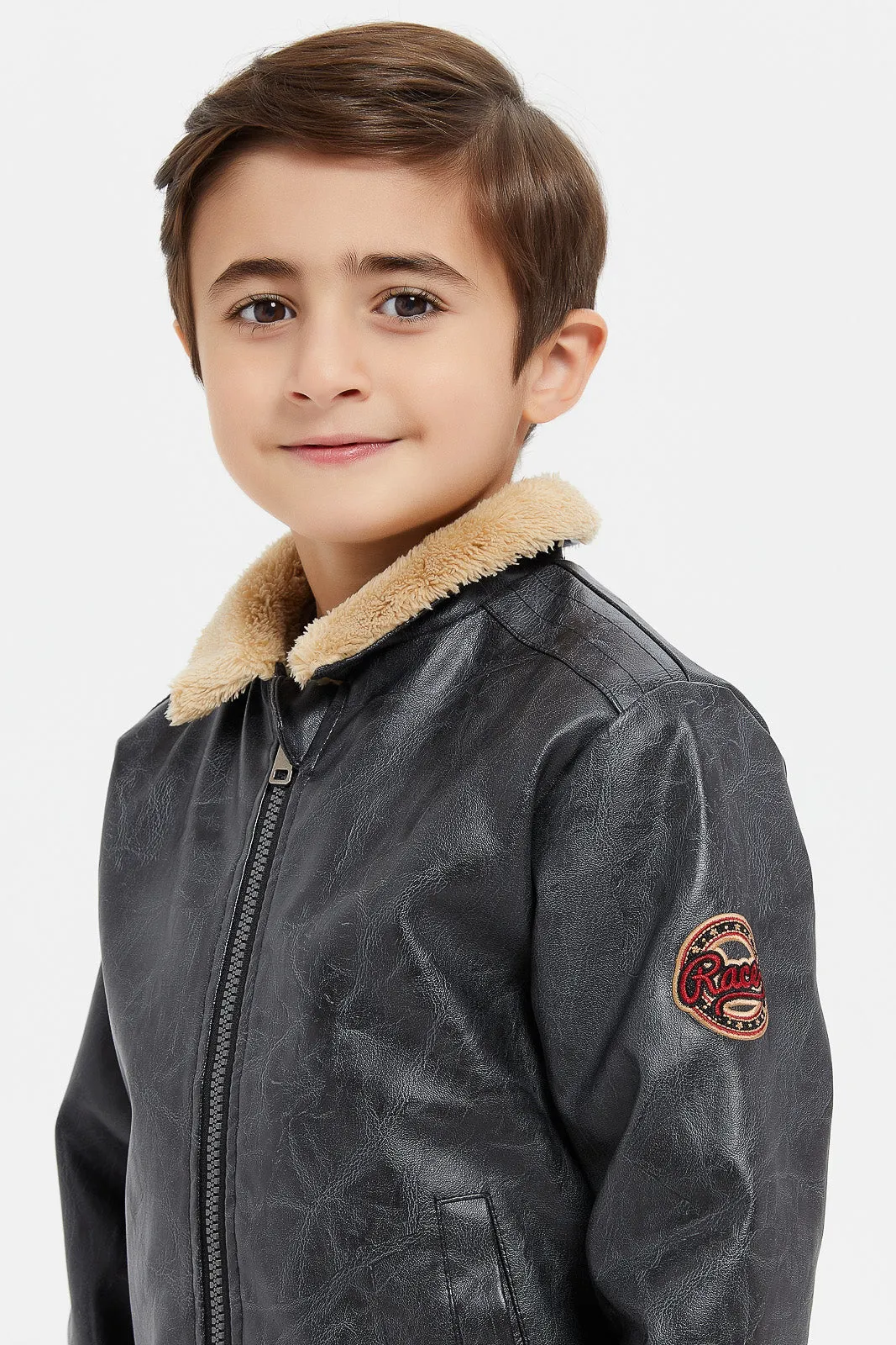 Boys Black Sherpa Collar Jacket