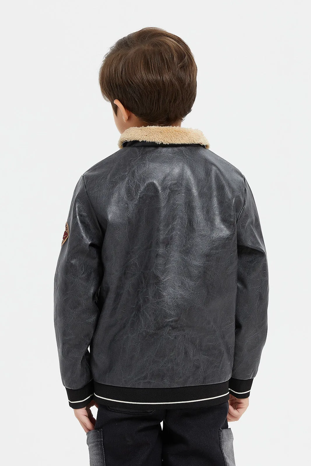 Boys Black Sherpa Collar Jacket