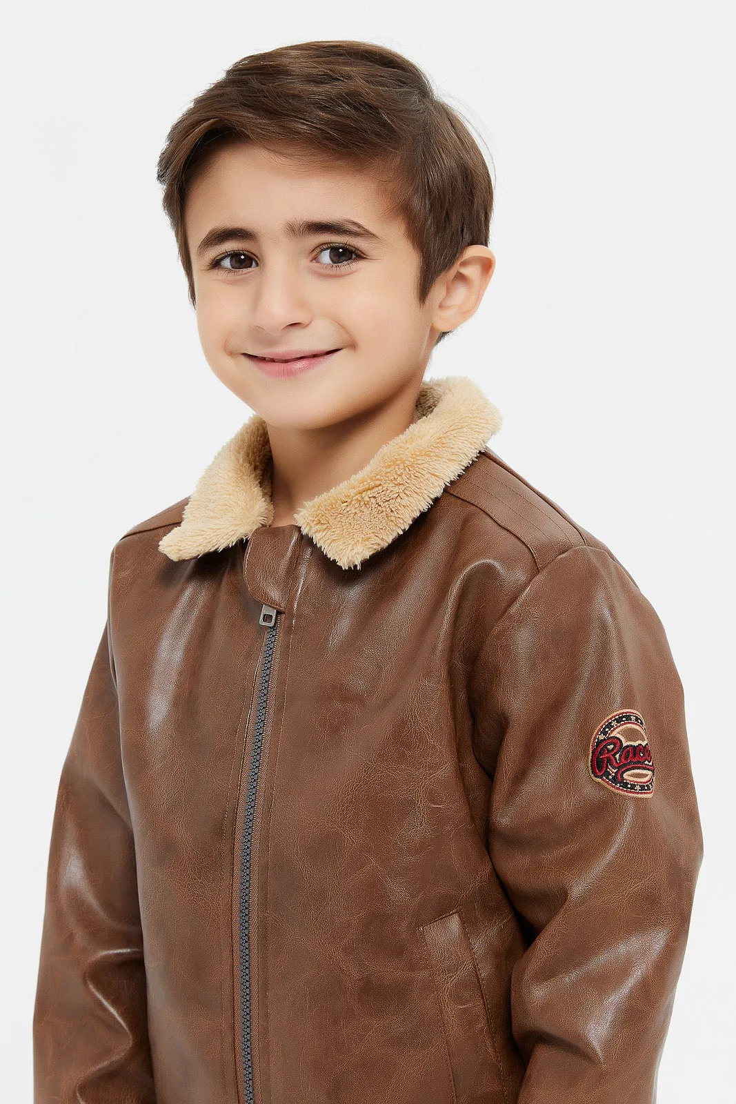 Boys Brown Sherpa Collar Jacket