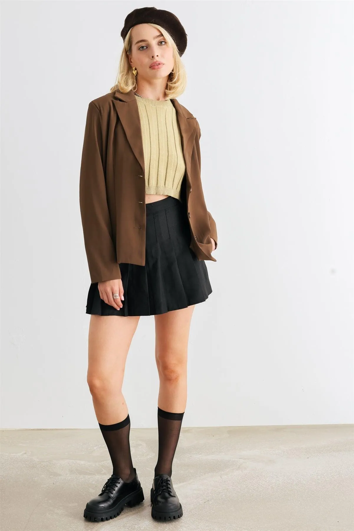 Brown Button-Up Long Sleeve Belted Blazer /1-2-1-1