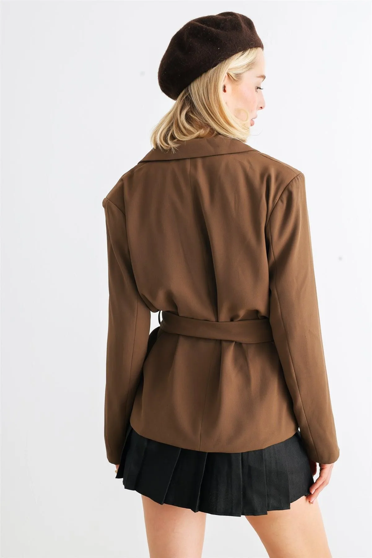 Brown Button-Up Long Sleeve Belted Blazer /1-2-1-1