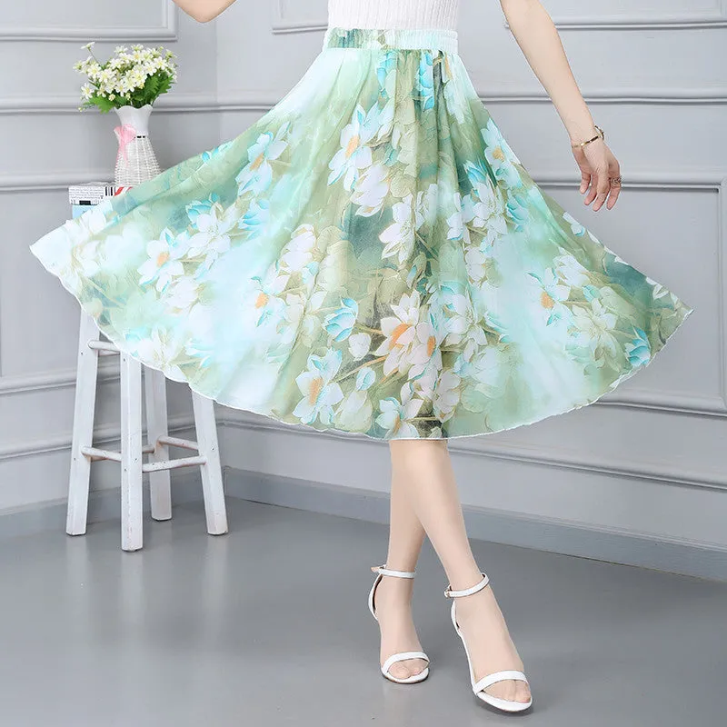 Chiffon Fresh Looking Skirt Women Summer Mid-Length Floral Printed Fairy Dress Korean Flare Skirt