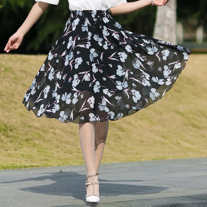 Chiffon Fresh Looking Skirt Women Summer Mid-Length Floral Printed Fairy Dress Korean Flare Skirt