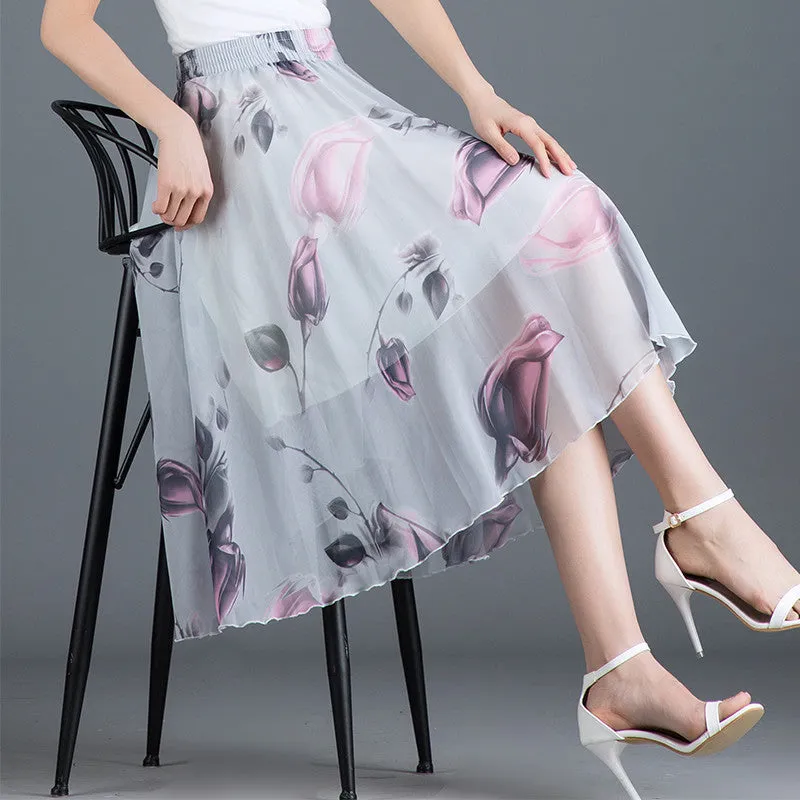 Chiffon Fresh Looking Skirt Women Summer Mid-Length Floral Printed Fairy Dress Korean Flare Skirt