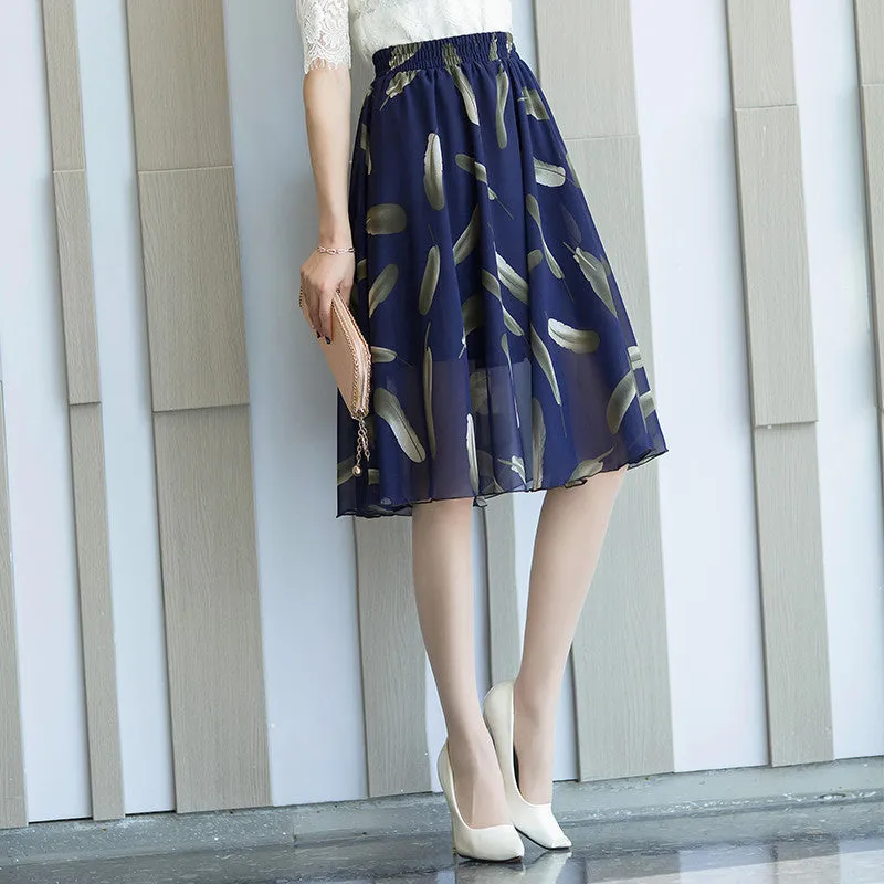 Chiffon Fresh Looking Skirt Women Summer Mid-Length Floral Printed Fairy Dress Korean Flare Skirt