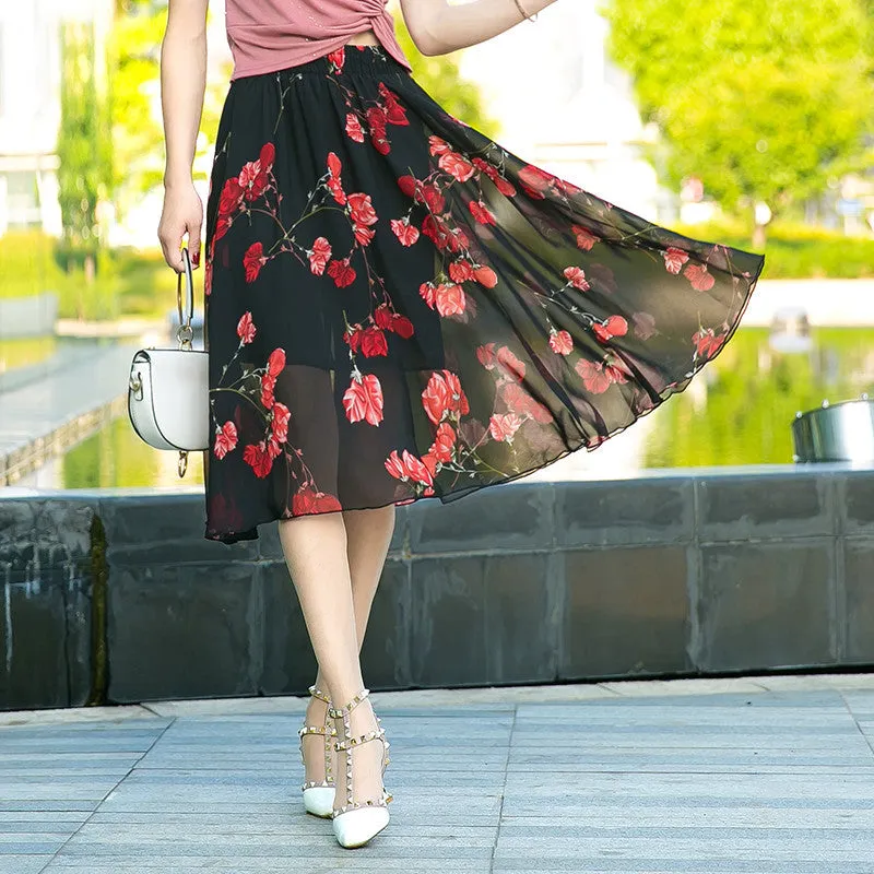 Chiffon Fresh Looking Skirt Women Summer Mid-Length Floral Printed Fairy Dress Korean Flare Skirt