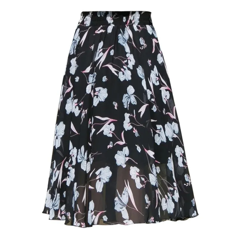 Chiffon Fresh Looking Skirt Women Summer Mid-Length Floral Printed Fairy Dress Korean Flare Skirt