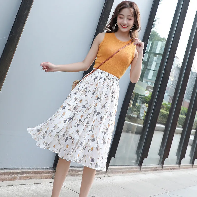 Chiffon Fresh Looking Skirt Women Summer Mid-Length Floral Printed Fairy Dress Korean Flare Skirt