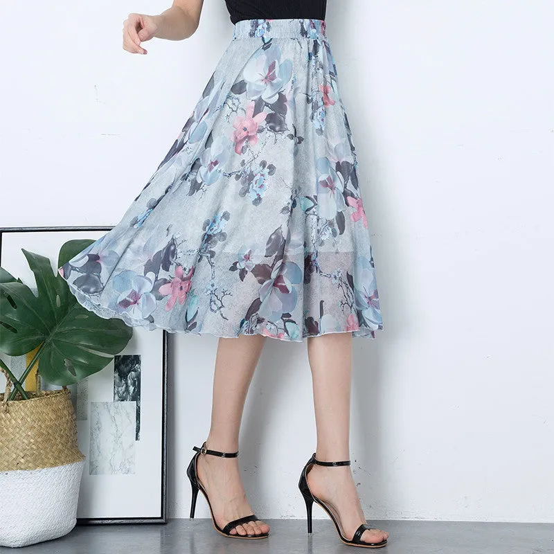 Chiffon Fresh Looking Skirt Women Summer Mid-Length Floral Printed Fairy Dress Korean Flare Skirt