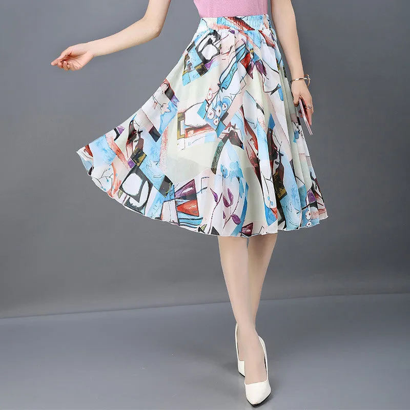 Chiffon Fresh Looking Skirt Women Summer Mid-Length Floral Printed Fairy Dress Korean Flare Skirt