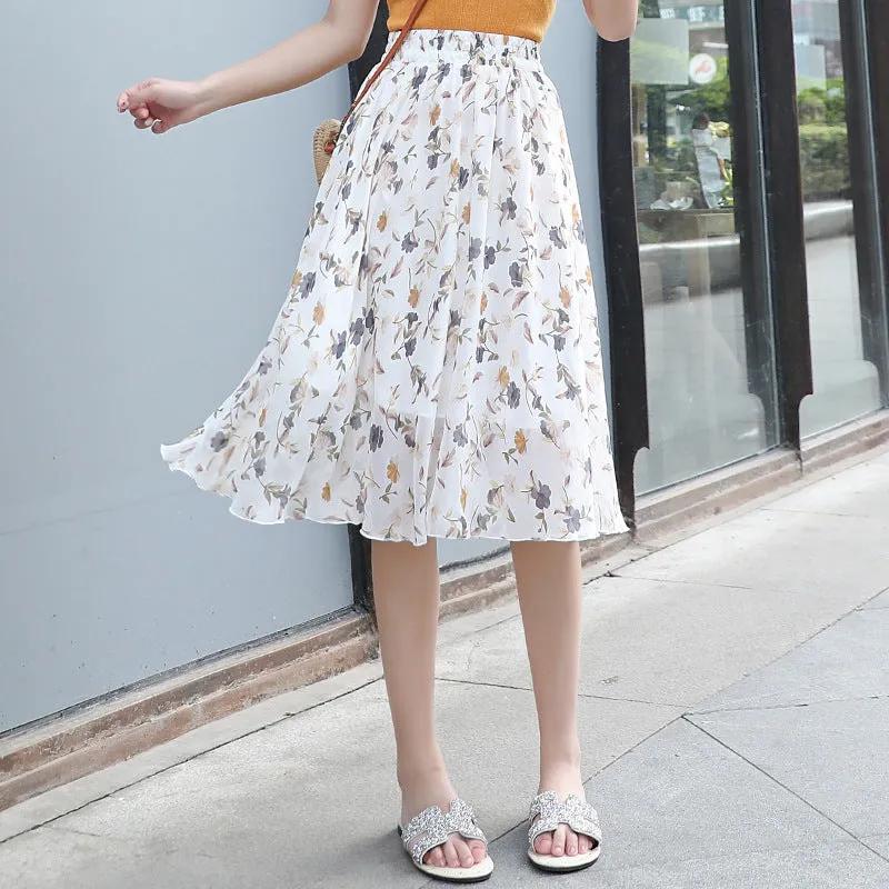 Chiffon Fresh Looking Skirt Women Summer Mid-Length Floral Printed Fairy Dress Korean Flare Skirt