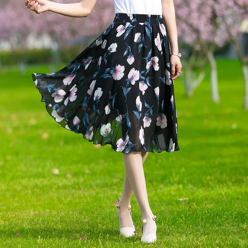 Chiffon Fresh Looking Skirt Women Summer Mid-Length Floral Printed Fairy Dress Korean Flare Skirt