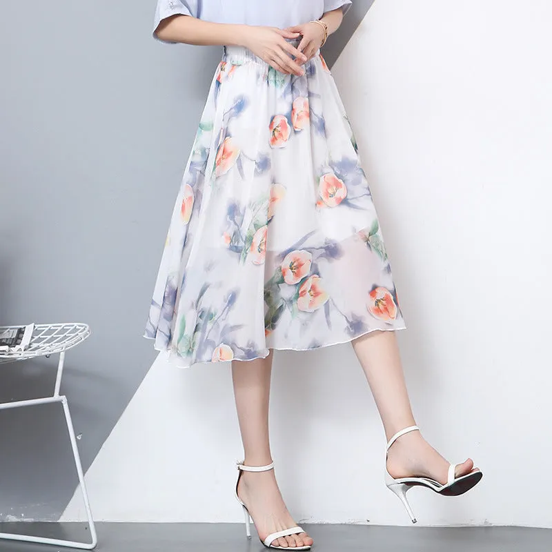 Chiffon Fresh Looking Skirt Women Summer Mid-Length Floral Printed Fairy Dress Korean Flare Skirt