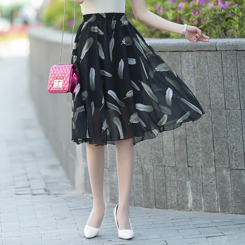 Chiffon Fresh Looking Skirt Women Summer Mid-Length Floral Printed Fairy Dress Korean Flare Skirt