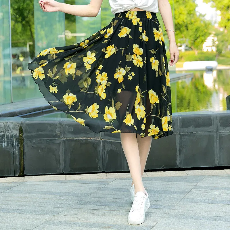 Chiffon Fresh Looking Skirt Women Summer Mid-Length Floral Printed Fairy Dress Korean Flare Skirt