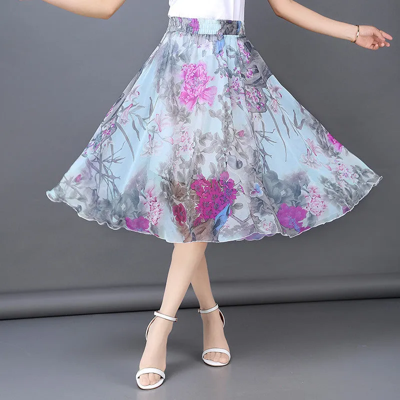 Chiffon Fresh Looking Skirt Women Summer Mid-Length Floral Printed Fairy Dress Korean Flare Skirt