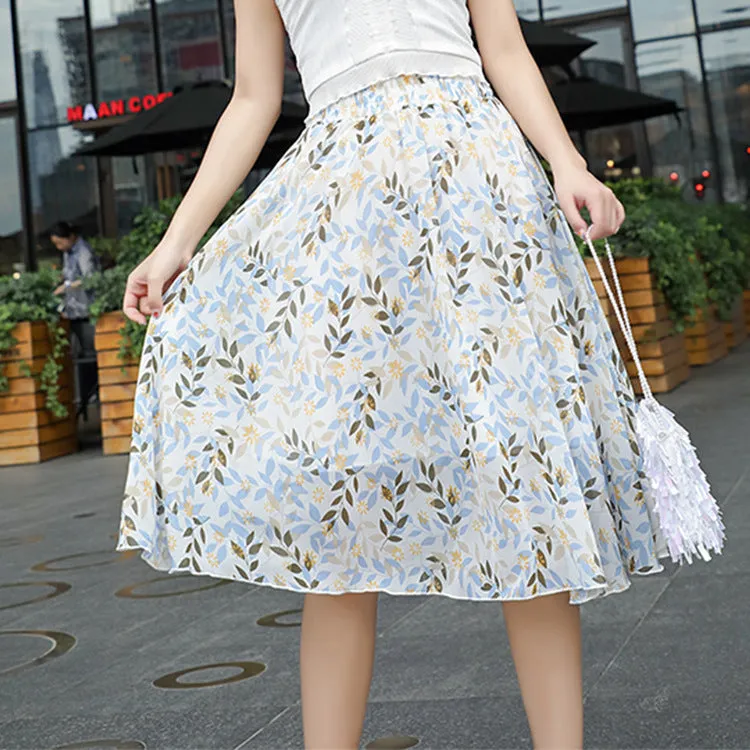 Chiffon Fresh Looking Skirt Women Summer Mid-Length Floral Printed Fairy Dress Korean Flare Skirt