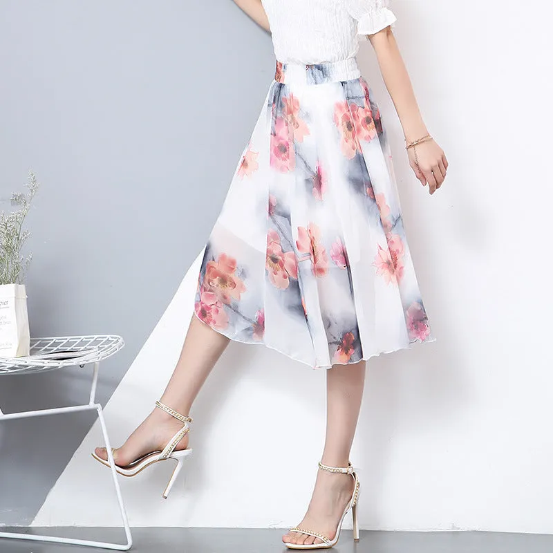 Chiffon Fresh Looking Skirt Women Summer Mid-Length Floral Printed Fairy Dress Korean Flare Skirt