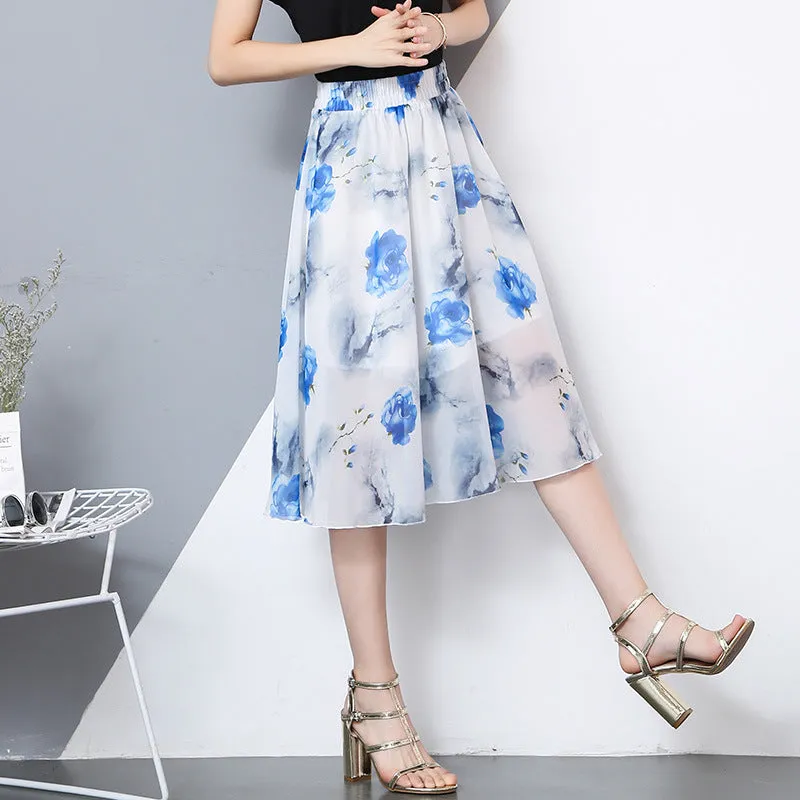 Chiffon Fresh Looking Skirt Women Summer Mid-Length Floral Printed Fairy Dress Korean Flare Skirt