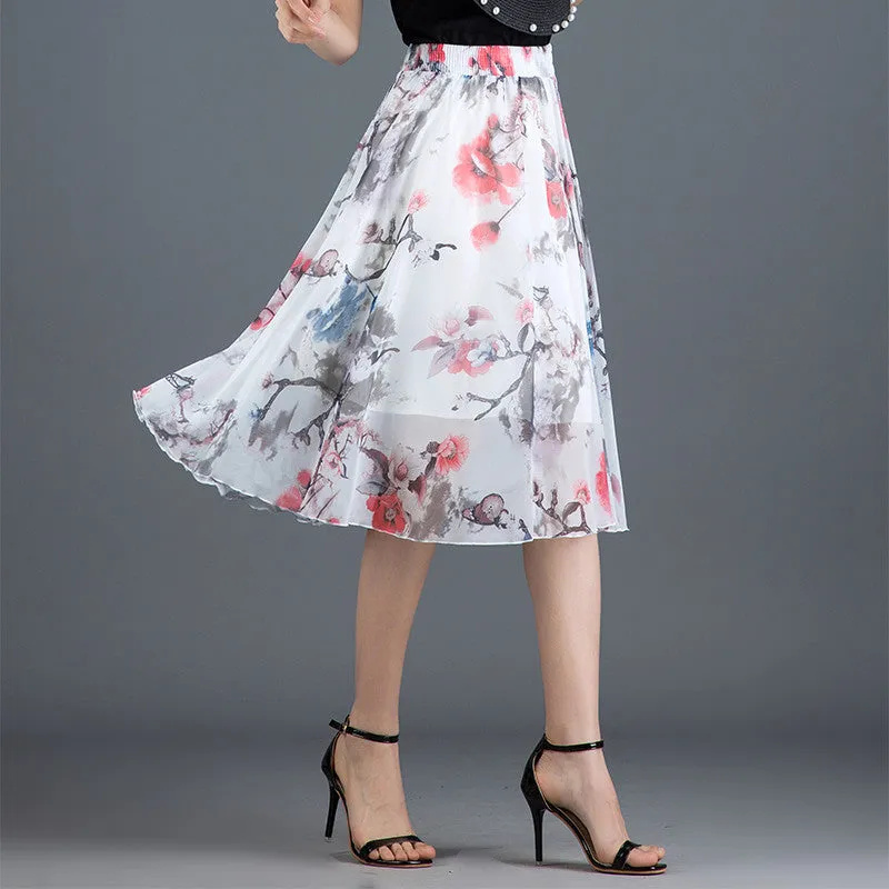 Chiffon Fresh Looking Skirt Women Summer Mid-Length Floral Printed Fairy Dress Korean Flare Skirt