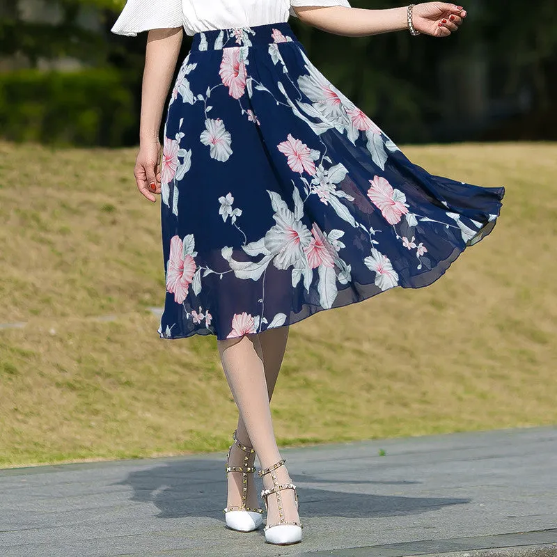 Chiffon Fresh Looking Skirt Women Summer Mid-Length Floral Printed Fairy Dress Korean Flare Skirt