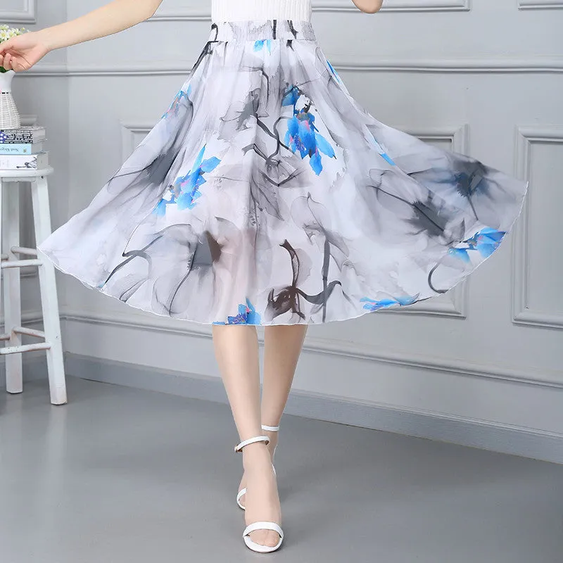 Chiffon Fresh Looking Skirt Women Summer Mid-Length Floral Printed Fairy Dress Korean Flare Skirt