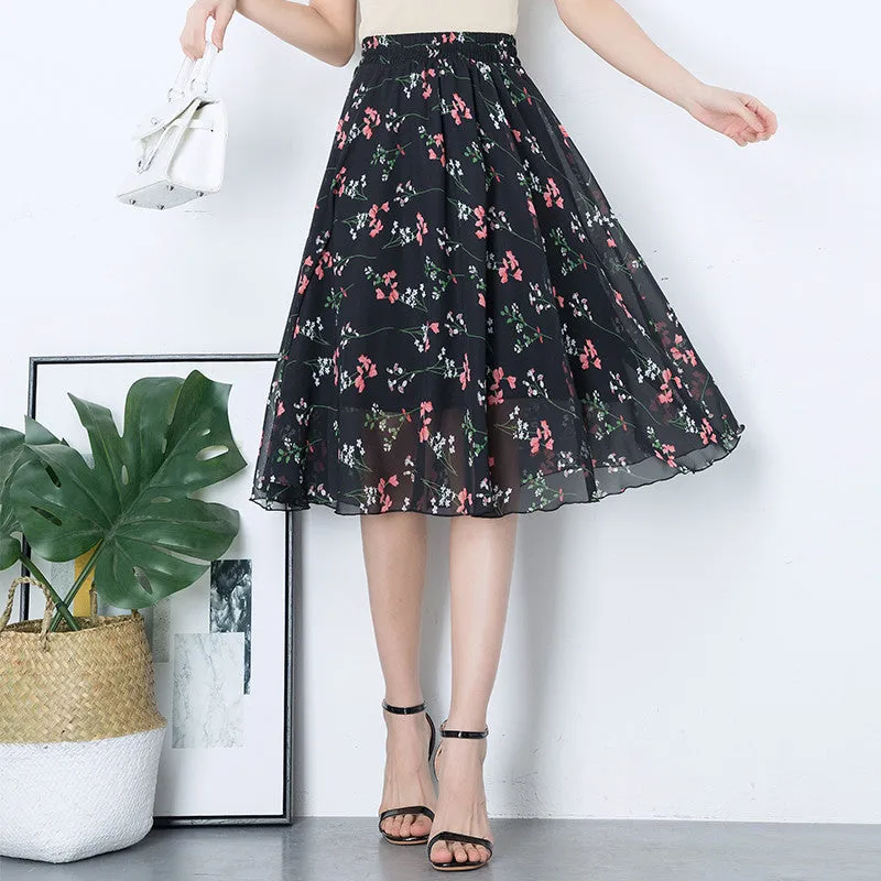 Chiffon Fresh Looking Skirt Women Summer Mid-Length Floral Printed Fairy Dress Korean Flare Skirt