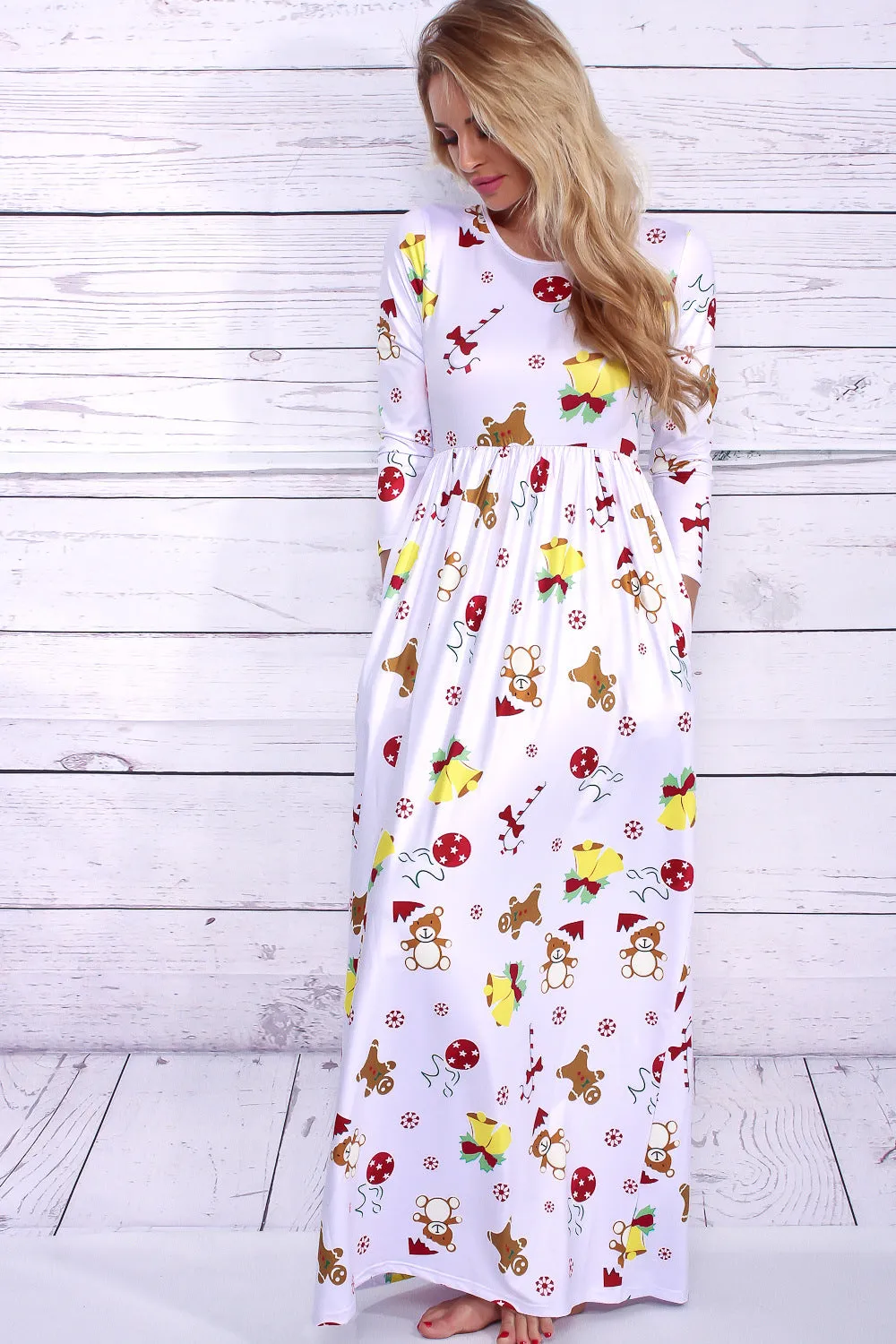 Christmas Flower Print 3/4 Sleeves Scoop Long Dress