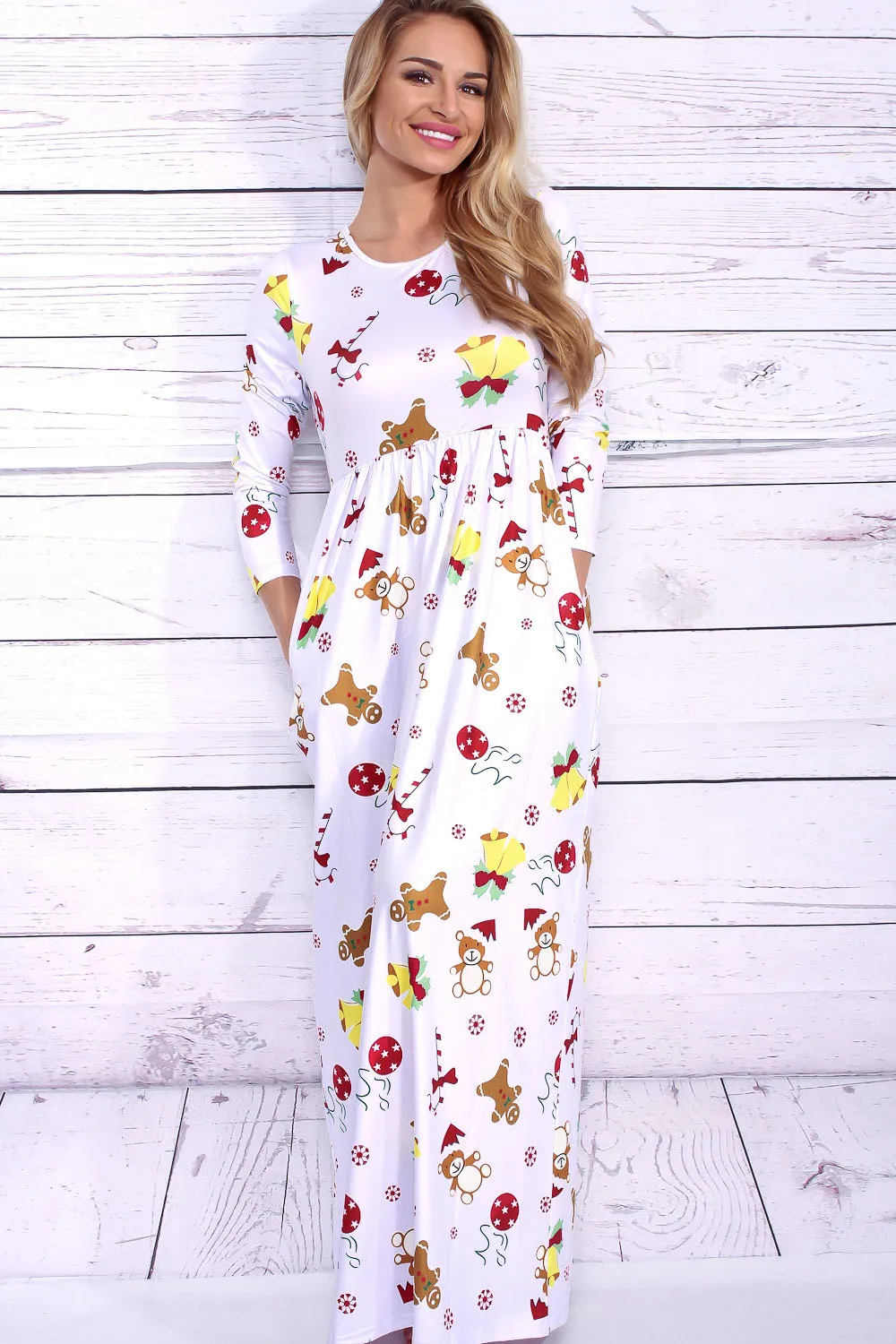 Christmas Flower Print 3/4 Sleeves Scoop Long Dress