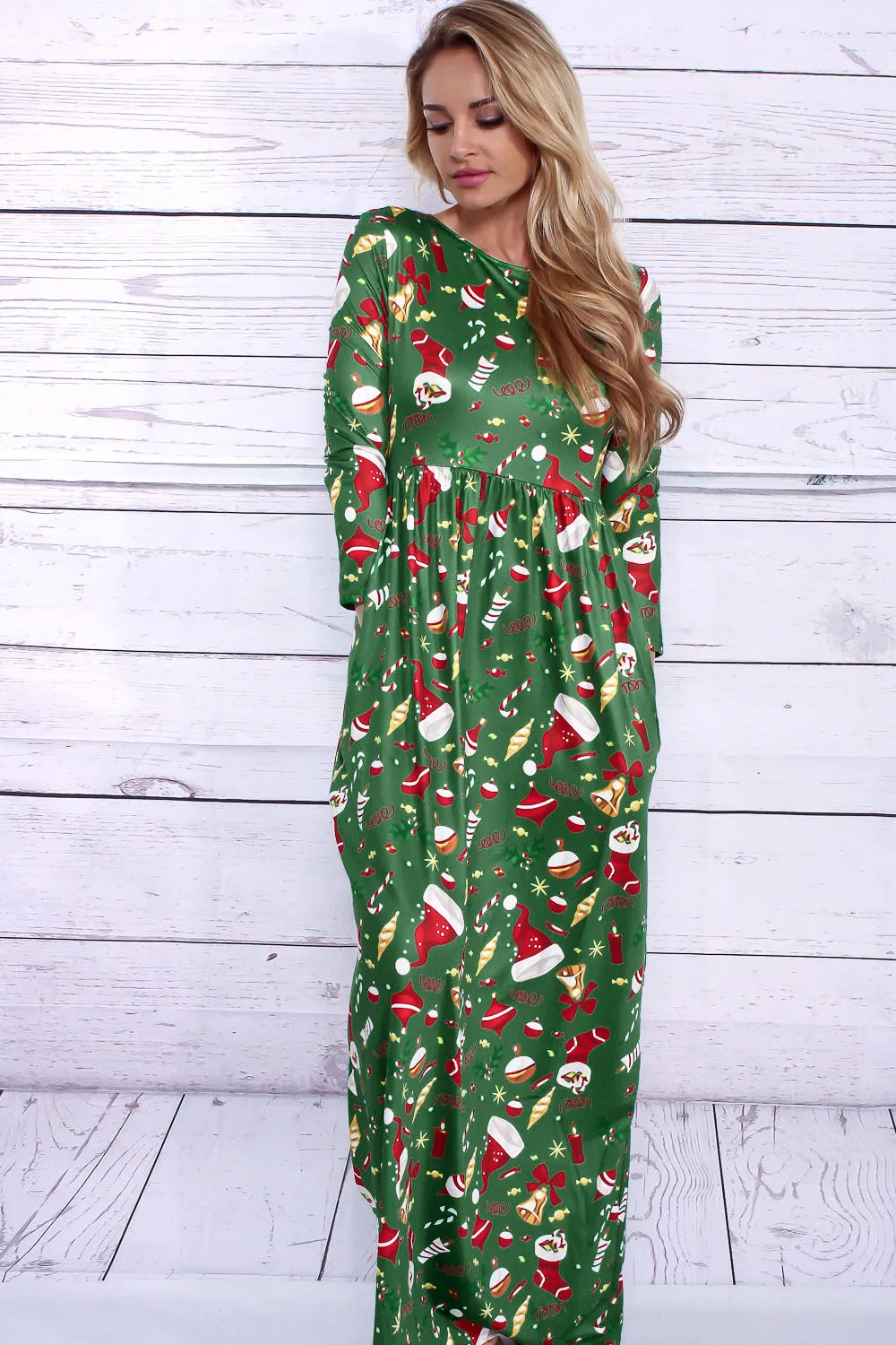 Christmas Flower Print 3/4 Sleeves Scoop Long Dress