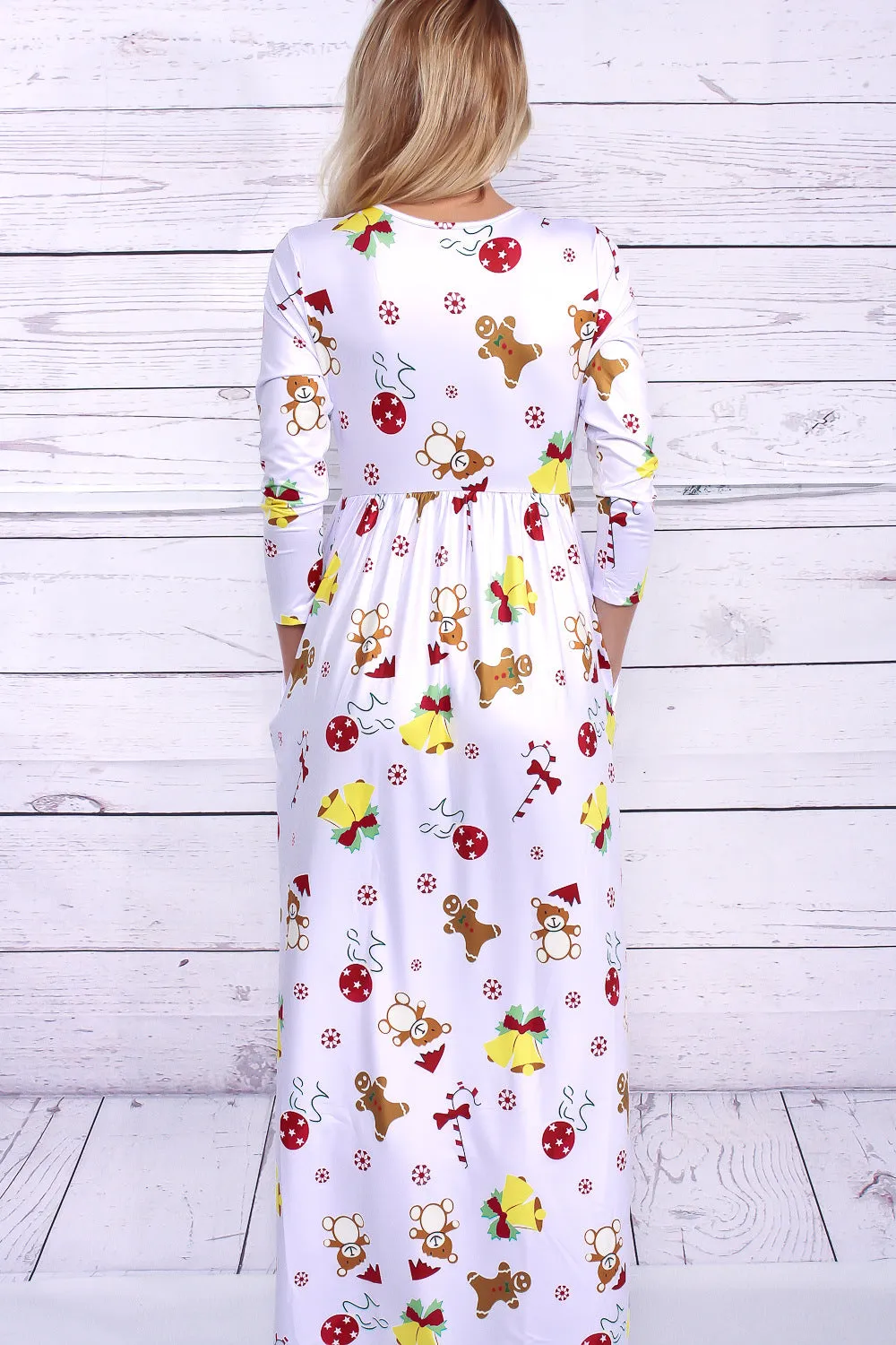 Christmas Flower Print 3/4 Sleeves Scoop Long Dress