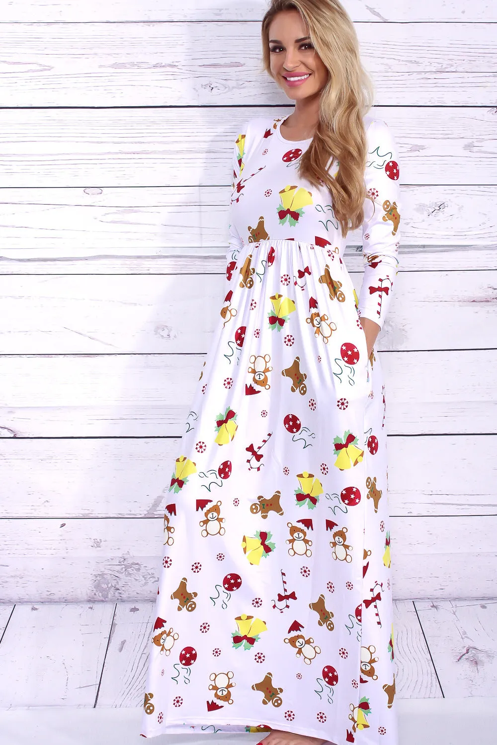 Christmas Flower Print 3/4 Sleeves Scoop Long Dress