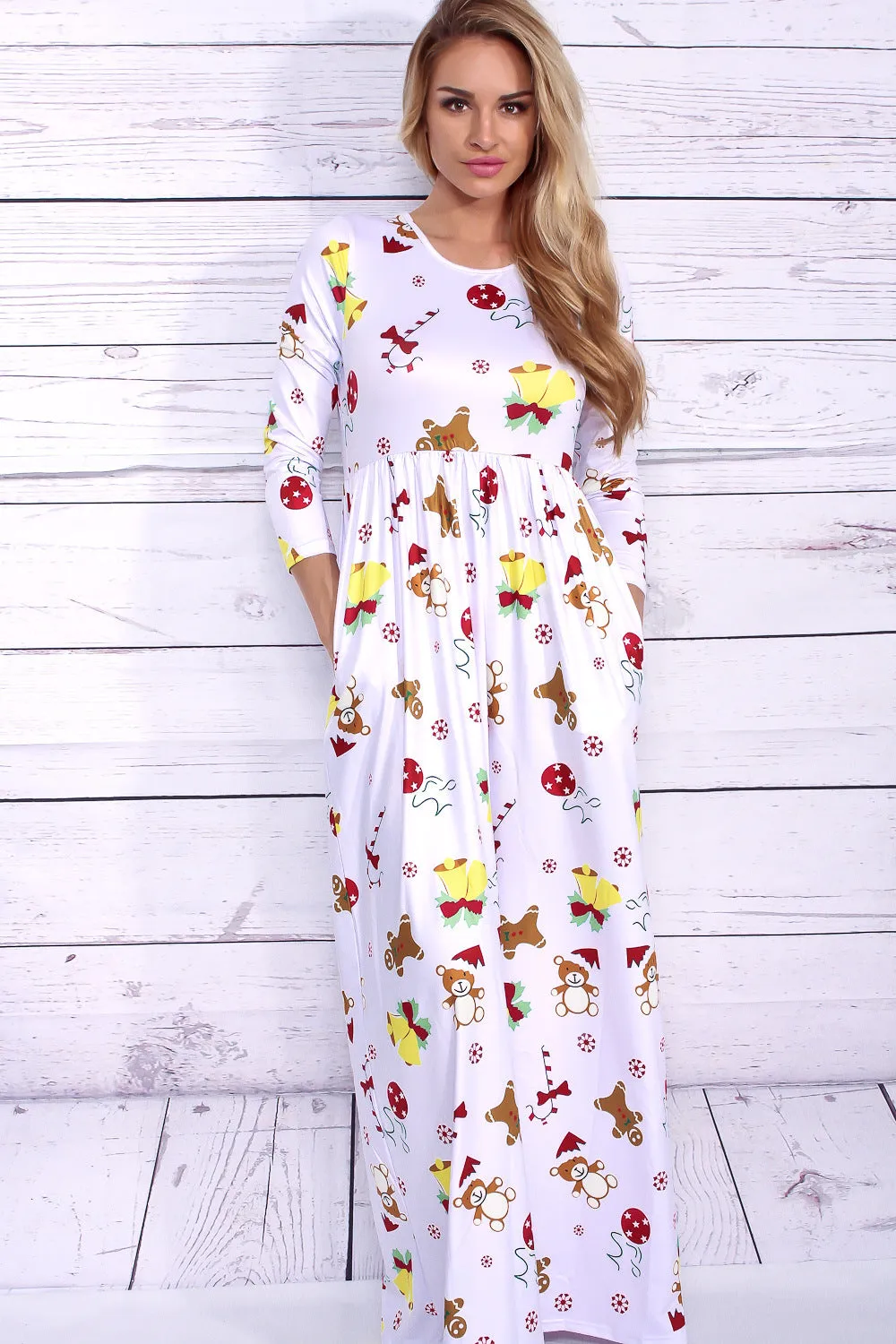 Christmas Flower Print 3/4 Sleeves Scoop Long Dress