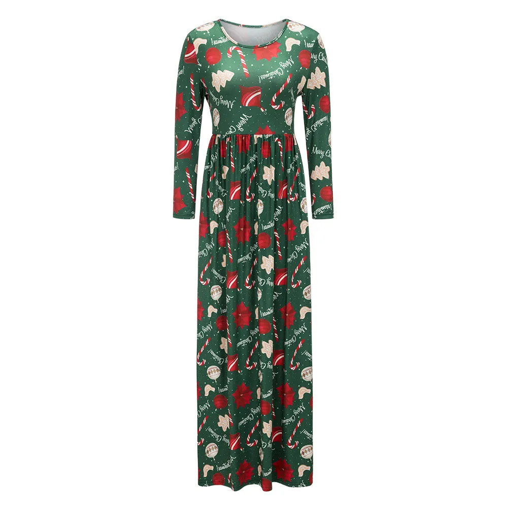 Christmas Flower Print 3/4 Sleeves Scoop Long Dress