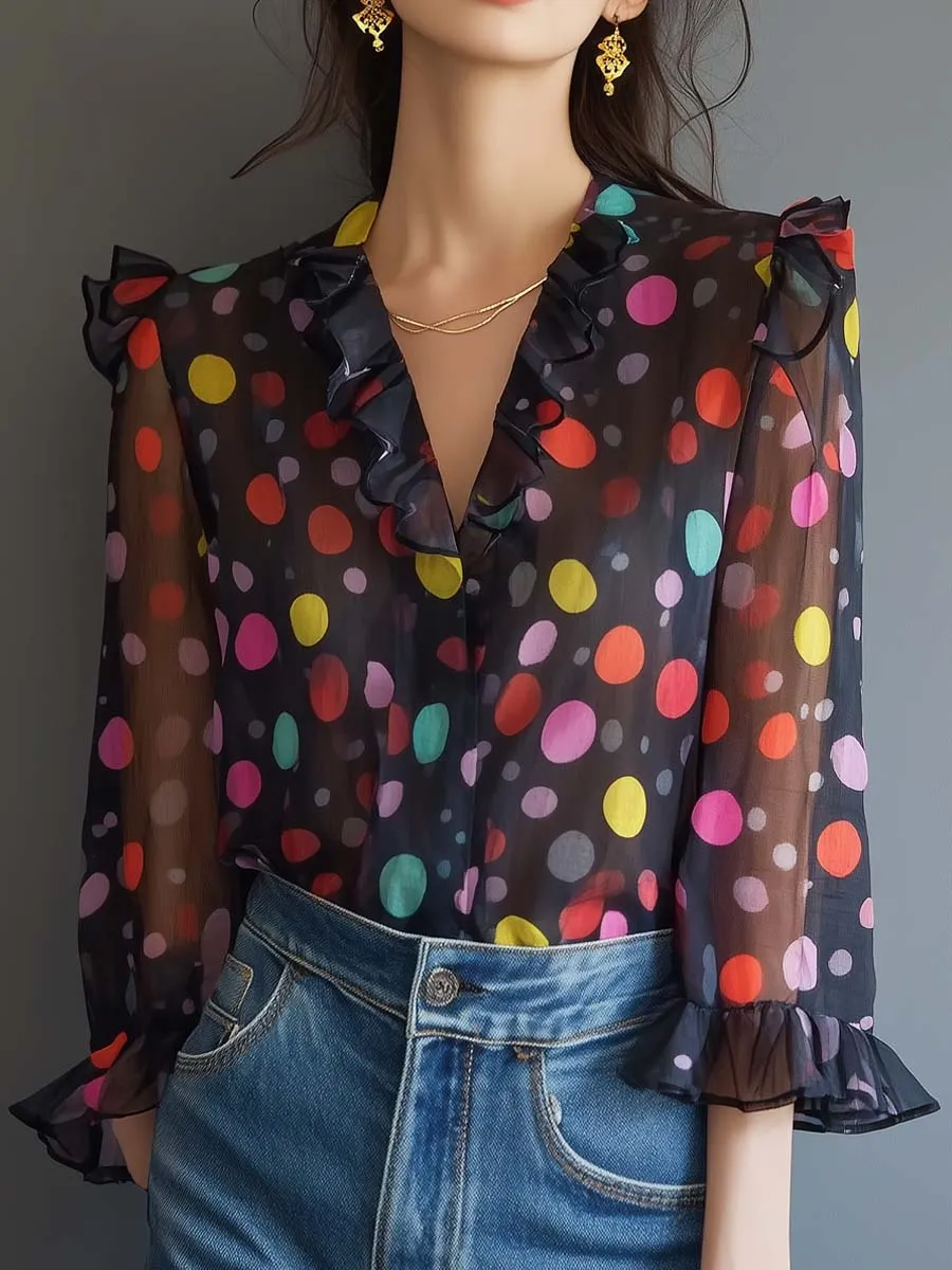 Colorful Polka Dot Sheer Blouse