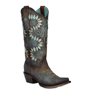 Corral Ladies Floral Embroidered & Studded Brown Snip Toe Boots C3879