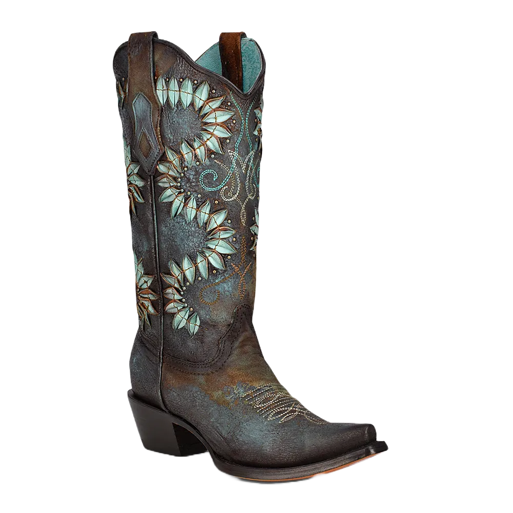 Corral Ladies Floral Embroidered & Studded Brown Snip Toe Boots C3879