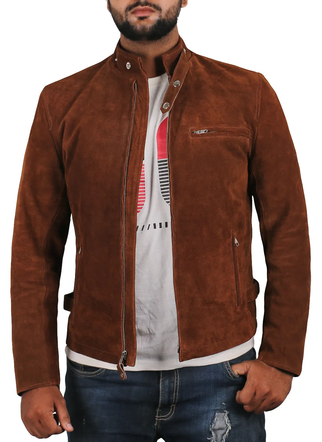 Crystara Brown Suede Biker Leather Jacket